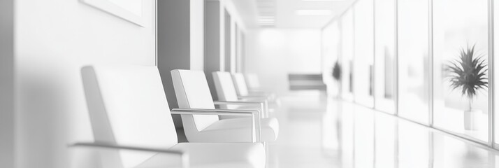 Blurred background of white office or hospital corridor with row of white chairs. Banner with place...