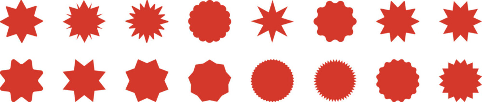 Red star burst abstract geometric vector shape collection, retro badge or label sunburst decorative clip art element set