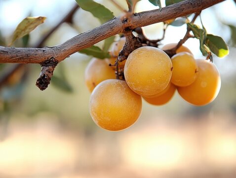 A bunch of Marula fruit hanging from a tree branch