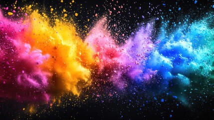 Obraz premium Vibrant explosion of colorful powders creating a dynamic, energetic visual effect on a black background.