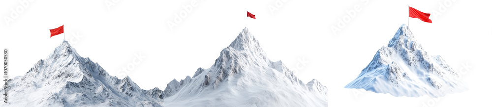 Poster isolated red flag on top of a snowy mountain