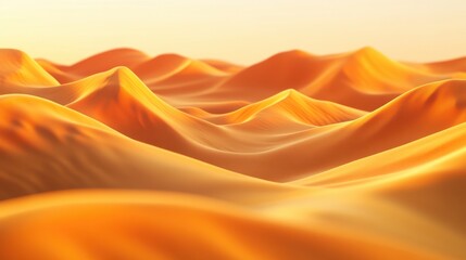 Golden waves of sand undulate gracefully under a soft sunset glow, creating a serene desert landscape.