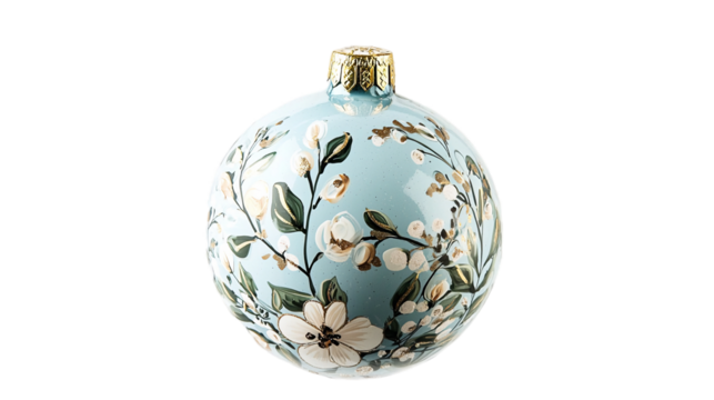 Pallina per albero di Natale azzurra, con decorazioni floreali. Disponibile su sfondo bianco trasparente