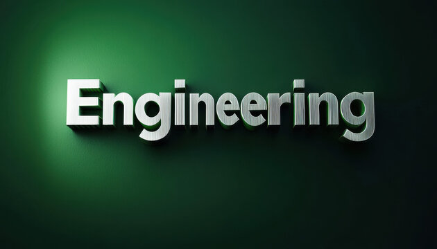 Metallic 3D text 'Engineering' on a sleek green background, casting shadows for a modern and professional look.