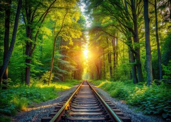 Fototapeta premium Straight Rail Scene in Lush Forest - Tranquil Nature Pathway with Vibrant Greenery, Sunlight Filtering Through Trees, High Depth of Field, Serene Landscape, Train Tracks, Natural Beauty, Adventure