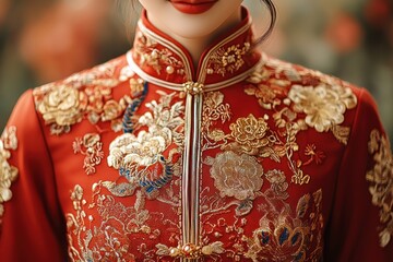 Naklejka premium Close-up of a Red Chinese Traditional Dress Embroidered with Gold Flowers