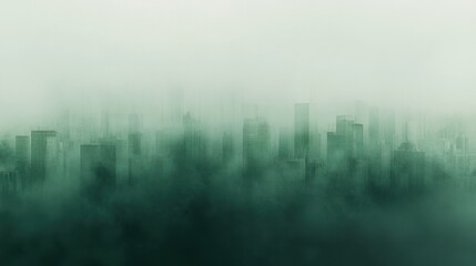 Fototapeta premium Mysterious urban skyline enveloped in green fog, creating an ethereal and dreamlike atmosphere.