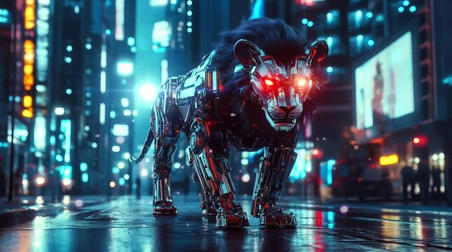 lion robot in the middle of the city. Seamless looping time-lapse virtual 4k video animation background