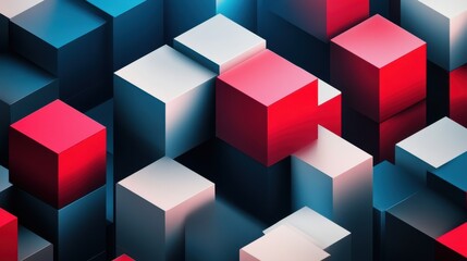 Obraz premium Abstract arrangement of 3D blocks in red, white, and blue colors creating a vibrant geometric pattern.