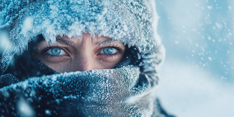 Close-up of a woman&Otilde;s eyes and winter clothing, with snow and frost on her face, embodying resilience against harsh winter weather...