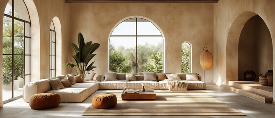 Fototapeta premium Modern Minimalist Living Room with Arch Windows and Natural Light.