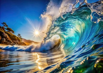 Stunning Macro Photography of Ocean Waves with Clear Blue Sky - Nature's Power Captured in Detail