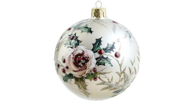 Pallina per albero di Natale bianca con decorazioni dorate, rosa e agrifoglio. Disponibile su sfondo bianco trasparente