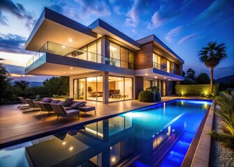 Fototapeta premium Stunning Night Photography of a Modern Luxury Villa with Pool, Elegant Design, Outdoor Lighting, Serene Atmosphere, Contemporary Architecture, Nightscape, Tranquil Retreat, Dream Home