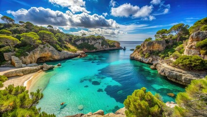 Obraz premium Picturesque Seascape of Cala Moro Beach, Majorca Island, Spain - Idyllic Mediterranean Bay with Crystal Clear Waters, Lush Greenery, and Rocky Cliffs for Perfect Coastal Escape
