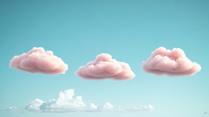Three soft, pink clouds float in a clear blue sky, creating a whimsical and serene atmosphere.