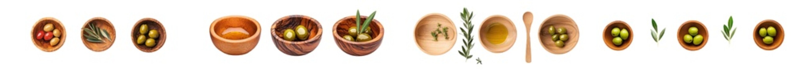 Obraz premium Various wooden bowls with olive oil on transparent background, top view