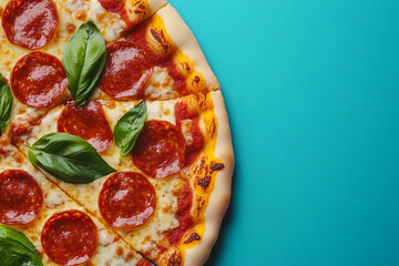 Pepperoni Pizza with Basil on Blue Background