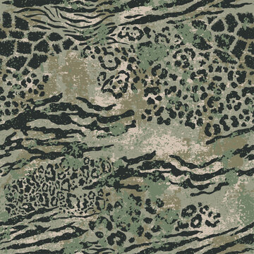 Wild animal skins abstract patchwork wallpaper grunge vector seamless pattern for fabric shirt carpet rug tablecloth pillow