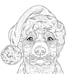 Labrador dog in a Santa Claus hat.Coloring book antistress for children and adults. 