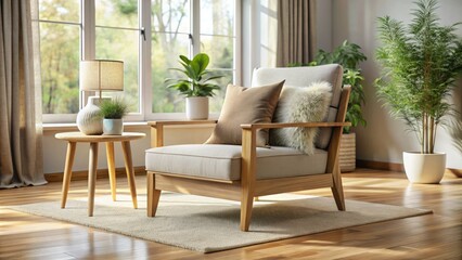 Modern Wooden Armchair with Cushions - Stylish Home Furniture, Comfortable Seating, Contemporary Design, Living Room Decor, Natural Wood Finish, Cozy Cushions, Home Interior, Aesthetic Comfort