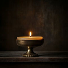 Single lit candle in vintage metal holder, casting warm light in dark setting – minimalist and calming decor for relaxation, meditation, or romantic ambiance