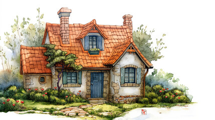 Fototapeta premium Illustration Cute Cartoon Small House Watercolor