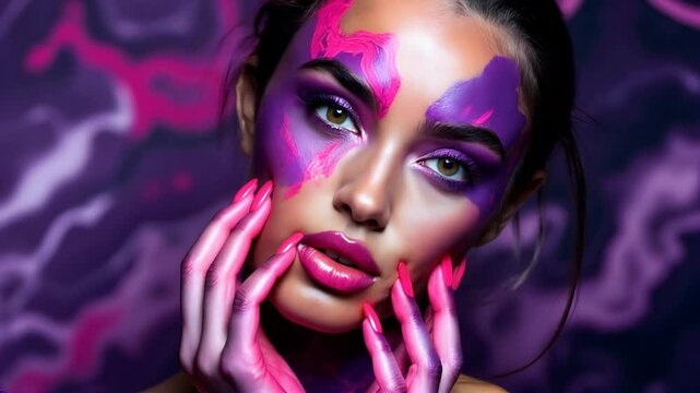 Stunningly beautiful brunette glamor model with pink and purple painted face and body, pink nail polish, posing against marble backdrop