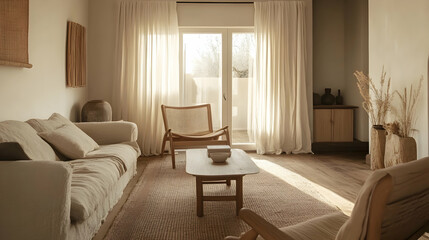 Effortless Minimalist Cottage Living Room with Soft Linen Drapes, Simple Wooden Furniture, and Open, Inviting Atmosphere