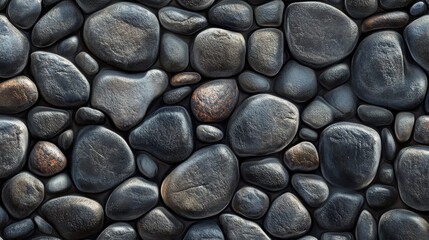 A detailed close-up of smooth, dark stones arranged closely together, showcasing natural textures and colors.