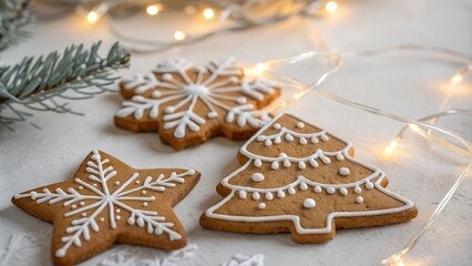 Snowflake-shaped gingerbread cookies with icing