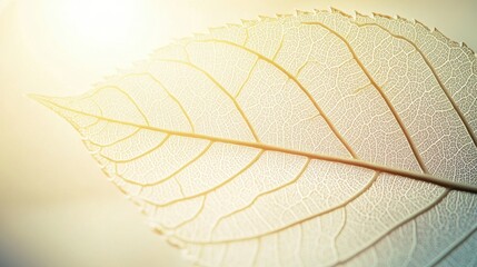 Obraz premium Close-up of a delicate leaf showcasing intricate veins and soft illumination, creating a serene natural atmosphere.