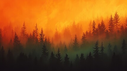 Fototapeta premium A breathtaking view of silhouetted pine trees against a vibrant orange and yellow sunset sky.