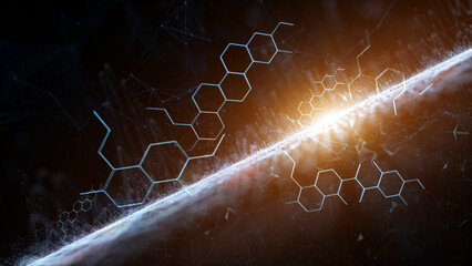 Chemical hexagon bonds connecting on dark blue red wavy background with shining light and plexus design science illustration.	
