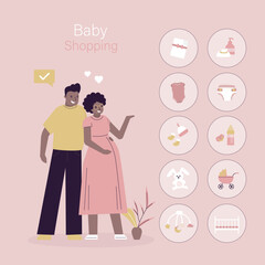 Ordering, shopping baby things during pregnancy. Pregnant woman with husband searching and ordering clothing and accessories for newborn baby. Love couple, prenatal period.