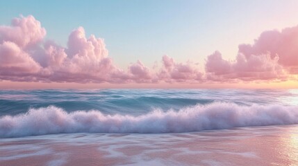 Obraz premium A serene coastal scene at sunset with gentle waves lapping against the shore and pastel-colored clouds in the sky.