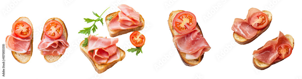 Poster A slice of bread with ham and tomatoes isolated on a transparent background