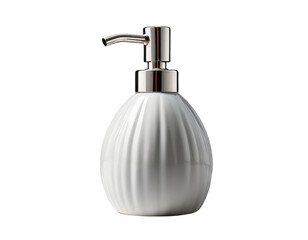 Fototapeta premium Minimalist white ceramic soap dispenser with chrome pump on white background.