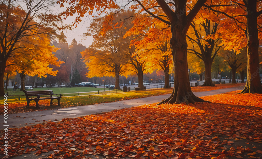 Poster park with a bench and trees with leaves on the ground