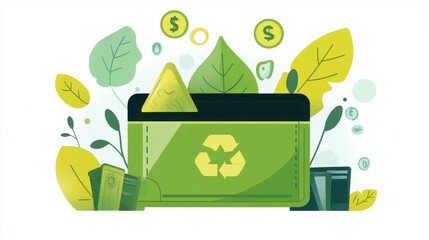 Green wallet featuring a recycling symbol and dollar coins representing sustainable finance and eco-friendly banking concepts.
