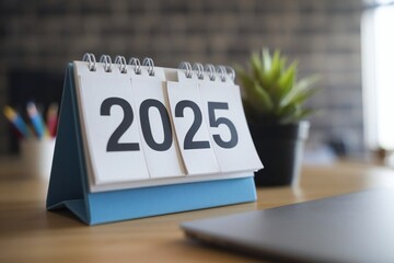 2025 desk calendar on office workspace - Business, new year celebration concept