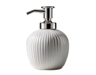 Minimalist white ceramic soap dispenser with chrome pump on white background.