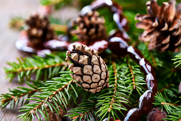 Christmas decoration on rustic wooden background. Close up.	