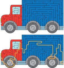 Truck maze for kids with a solution