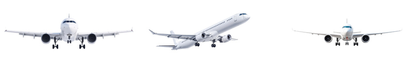 Obraz premium Take-off of an airplane against a white or transparent background. Close-up of a white airplane from the side. Concept of vacation, travel abroad. Graphic design element.