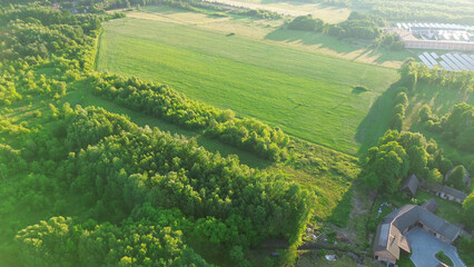 Fototapeta premium Aerial countryside with fields and trees at sunset