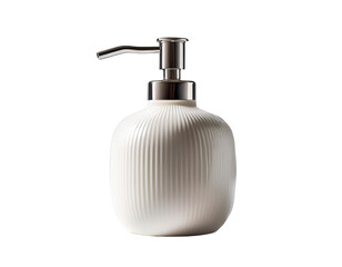 Minimalist white ceramic soap dispenser with chrome pump on white background.