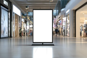 Blank advertising billboard stands elegantly inside a high-end shopping mall, surrounded by luxury retail spaces and a vibrant atmosphere, perfect for marketing campaigns.