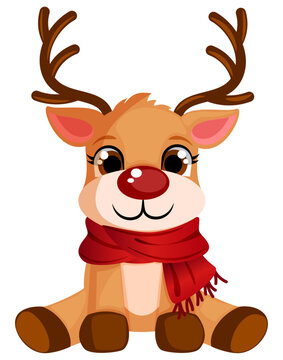 Red-Nosed Cute Reindeer with Scarf Sitting - Front View Vector Graphic Isolated