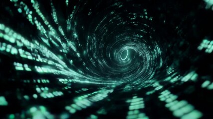 Green illuminated data tunnel with swirling light patterns, representing digital data flow, connectivity, and advanced technology concepts